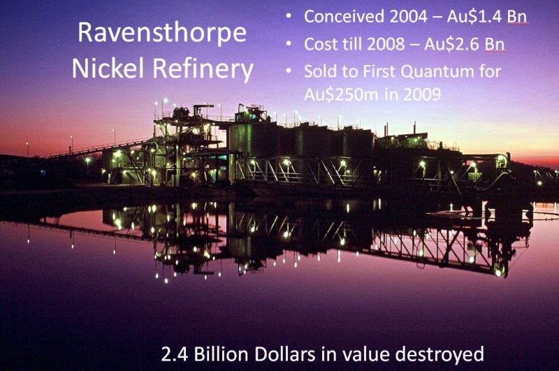 Mineral processing refinery - summary of Ravensthorpe Nickel Refinery: Conceived 2004 for AUD 1.4 billion, Cost till 2008 Au $2.6 billion, Sold to First Quantum for AUD $250 million, AUD 2.4 billion in value destroyed