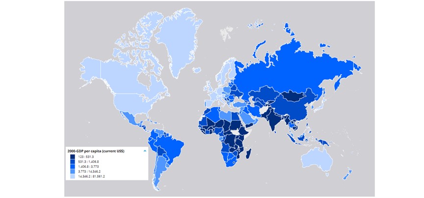 Map of the world showing countries with low and high per capita GDP. Poorer countries (low GDP) are clustered either side of the equator.
